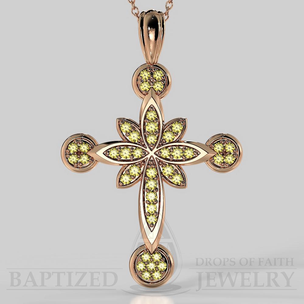 Fancy Yellow Diamonds Flower Cross Pendant In 14K Gold (0.46 Ctw) - 14K Rose Gold