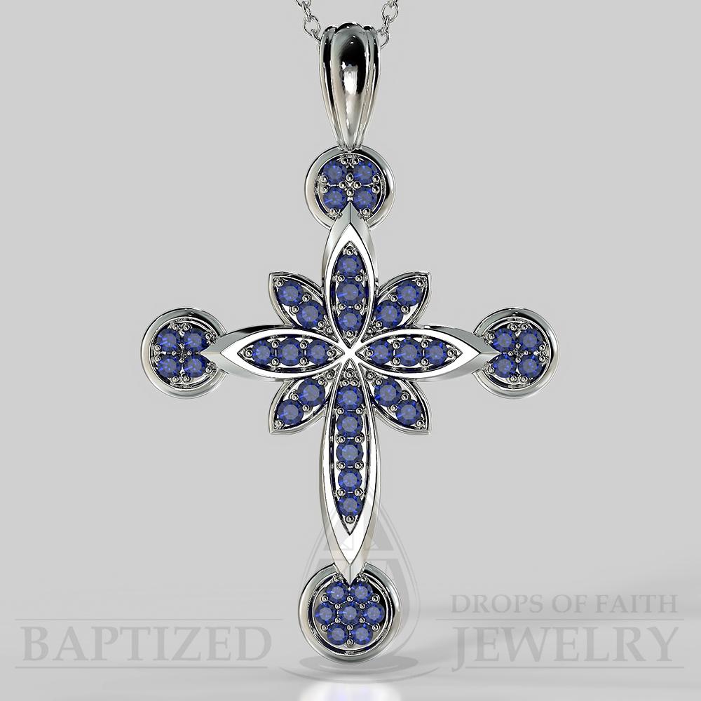 Blue Sapphire Flower Cross Pendant In 14K Gold (0.52 Ctw) - 14K White Gold