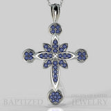 Blue Sapphire Flower Cross Pendant In 14K Gold (0.52 Ctw) - 14K White Gold