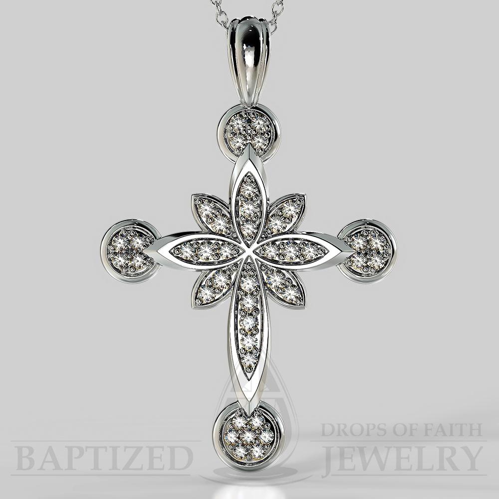 Natural Diamonds Flower Cross Pendant In 14K Gold (0.46 Ctw) - 14K White Gold