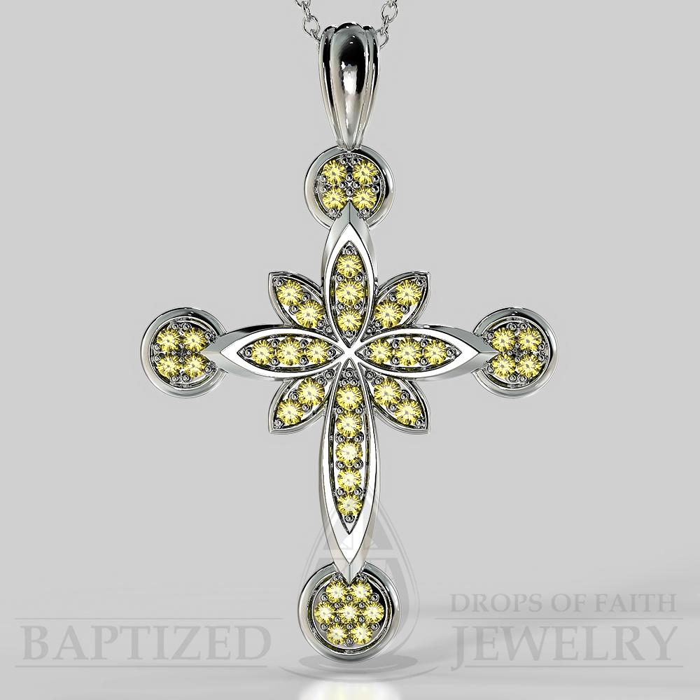 Fancy Yellow Diamonds Flower Cross Pendant In 14K Gold (0.46 Ctw) - 14K White Gold