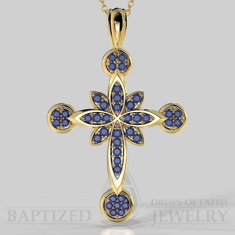 Blue Sapphire Flower Cross Pendant In 14K Gold (0.52 Ctw) - 14K Yellow Gold