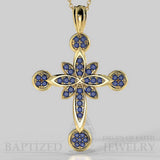Blue Sapphire Flower Cross Pendant In 14K Gold (0.52 Ctw) - 14K Yellow Gold