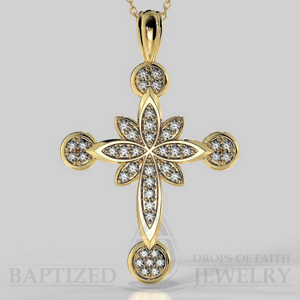 Natural Diamonds Flower Cross Pendant In 14K Gold (0.46 Ctw) - 14K Yellow Gold
