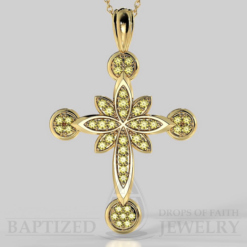Fancy Yellow Diamonds Flower Cross Pendant In 14K Gold (0.46 Ctw) - 14K Yellow Gold
