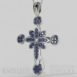 Blue Sapphire Flower Cross Pendant In 14K Gold (0.52 Ctw) - 14K White Gold