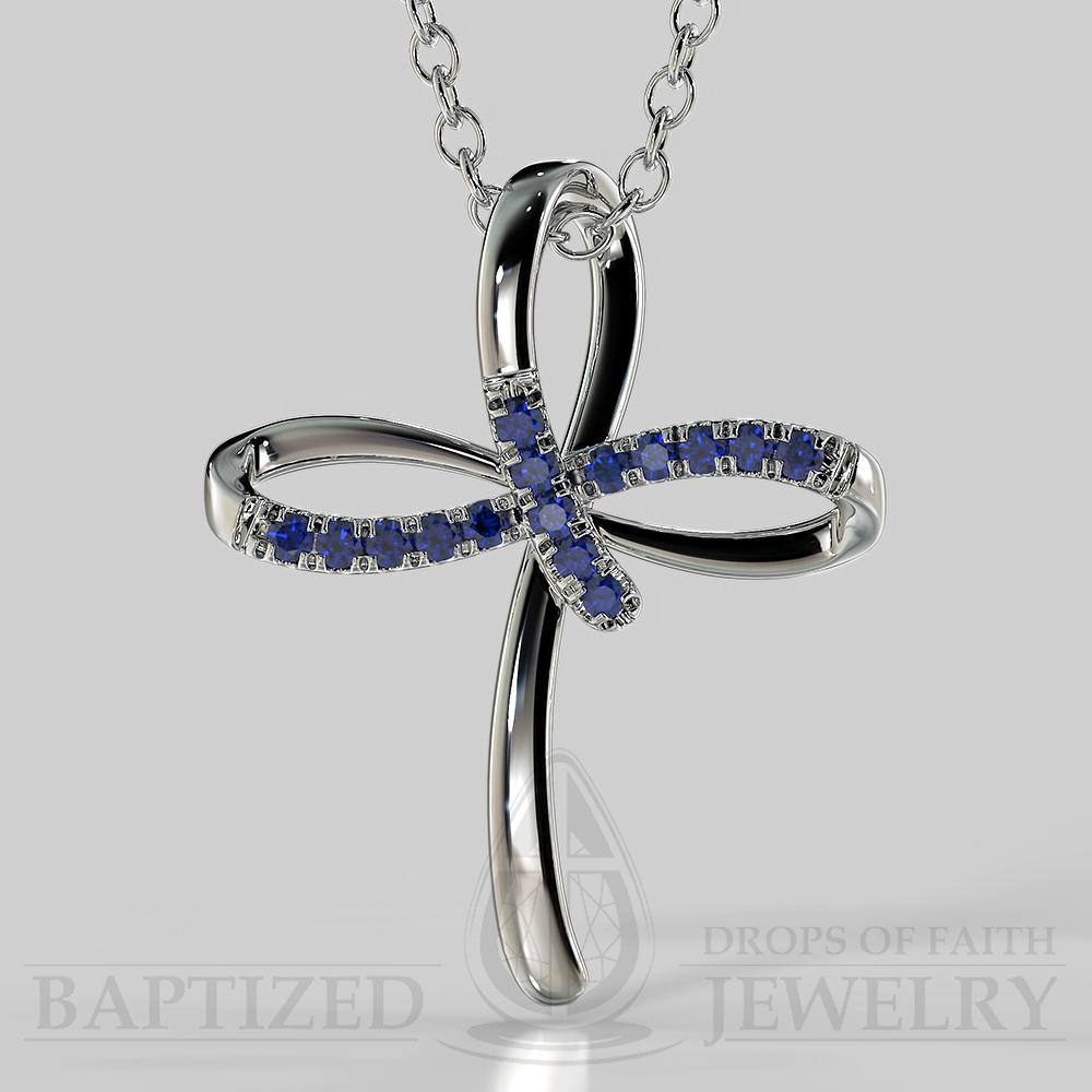 Blue Sapphire Clover Cross Pendant In 14K Gold (0.16 Ctw) - 14K White Gold