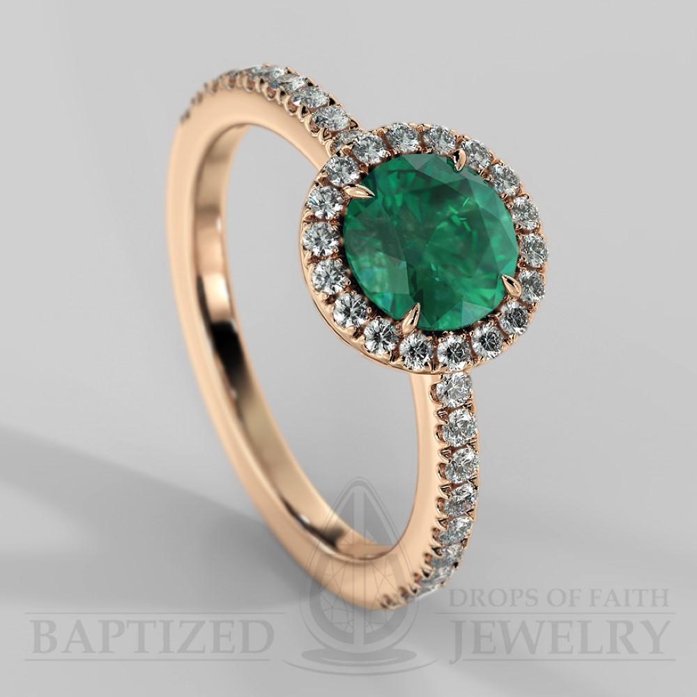 Round Cut Emerald & Diamonds Halo Engagement Ring (0.5ct + 0.25ctw) - 14K Rose Gold