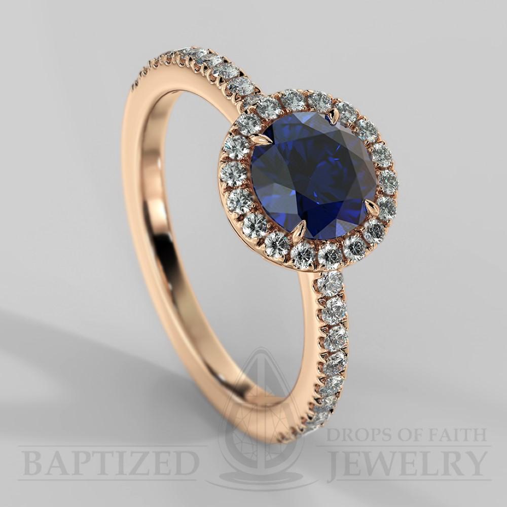 Round Cut Blue Sapphire Halo Engagement Ring (1 Ct + 0.35ctw) - 14K Rose Gold