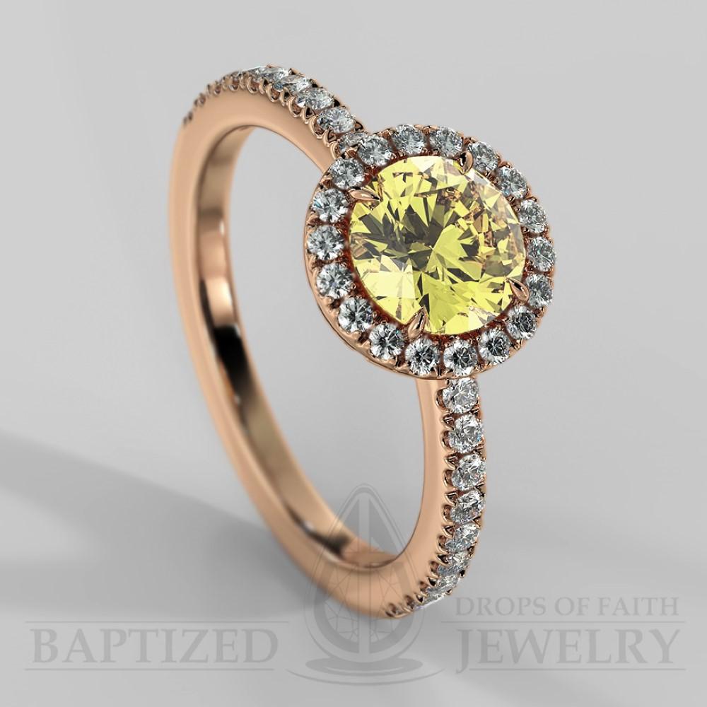 Round Cut Fancy Light Yellow Diamond Halo Engagement Ring (0.5ct + 0.25ctw) - 14K Rose Gold
