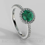 Round Cut Emerald & Diamonds Halo Engagement Ring (1 Ct + 0.35ctw) - 14K White Gold