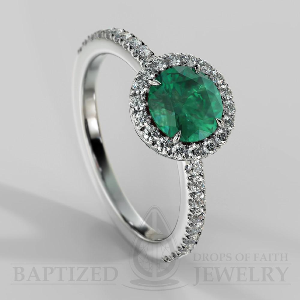 Round Cut Emerald & Diamonds Halo Engagement Ring (1 Ct + 0.35ctw) - 14K White Gold
