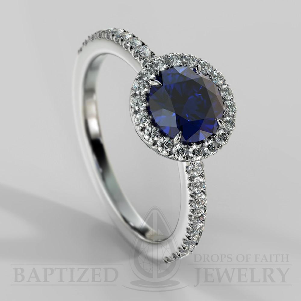 Round Cut Blue Sapphire & Cubic Zirconia Halo Silver Ring (1.0 Ct + 0.35 Ctw) - Sterling Silver 925