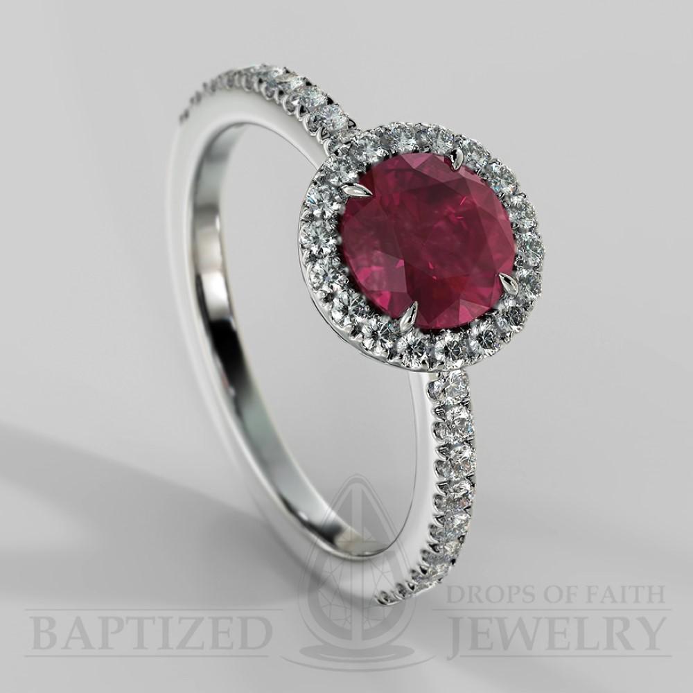 Round Cut Ruby & Diamonds Halo Engagement Ring  (1 Ct + 0.35ctw) - 14K White Gold