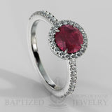 Round Cut Ruby & Diamonds Halo Engagement Ring  (1 Ct + 0.35ctw) - 14K White Gold