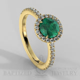 Round Cut Emerald & Diamonds Halo Engagement Ring (1 Ct + 0.35ctw) - 14K Yellow Gold