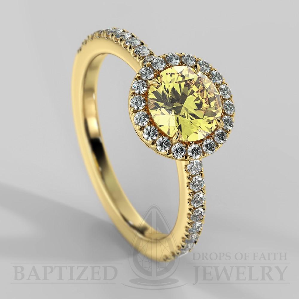 Round Cut Fancy Light Yellow Diamond Halo Engagement Ring (0.5ct + 0.25ctw) - 14K Yellow Gold