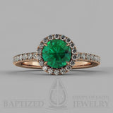 Round Cut Emerald & Diamonds Halo Engagement Ring (0.5ct + 0.25ctw) - 14K Rose Gold