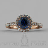 Round Cut Blue Sapphire Halo Engagement Ring (1 Ct + 0.35ctw) - 14K Rose Gold