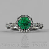 Round Cut Emerald & Cubic Zirconia Halo Silver Ring (0.5 Ct + 0.25 Ctw) - Sterling Silver 925