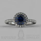 Round Cut Blue Sapphire Halo Engagement Ring (1 Ct + 0.35ctw) - 14K White Gold