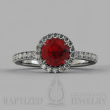 Round Cut Ruby & Cubic Zirconia Halo Silver Ring  (1.0 Ct + 0.35 Ctw) - Sterling Silver 925