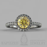 Round Cut Fancy Light Yellow Diamond Halo Engagement Ring (0.5ct + 0.25ctw) - 14K White Gold