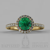 Round Cut Emerald & Diamonds Halo Engagement Ring (1 Ct + 0.35ctw) - 14K Yellow Gold