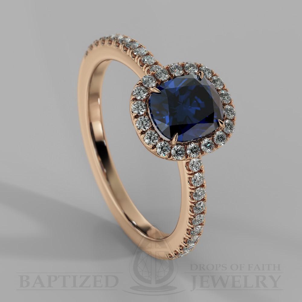 Cushion Cut Blue Sapphire & Diamonds Halo Engagement Ring (0.5ct + 0.25ctw) - 14K Rose Gold