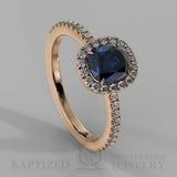 Cushion Cut Blue Sapphire & Diamonds Halo Engagement Ring  (1 + 0.35 Ctw) - 14K Rose Gold