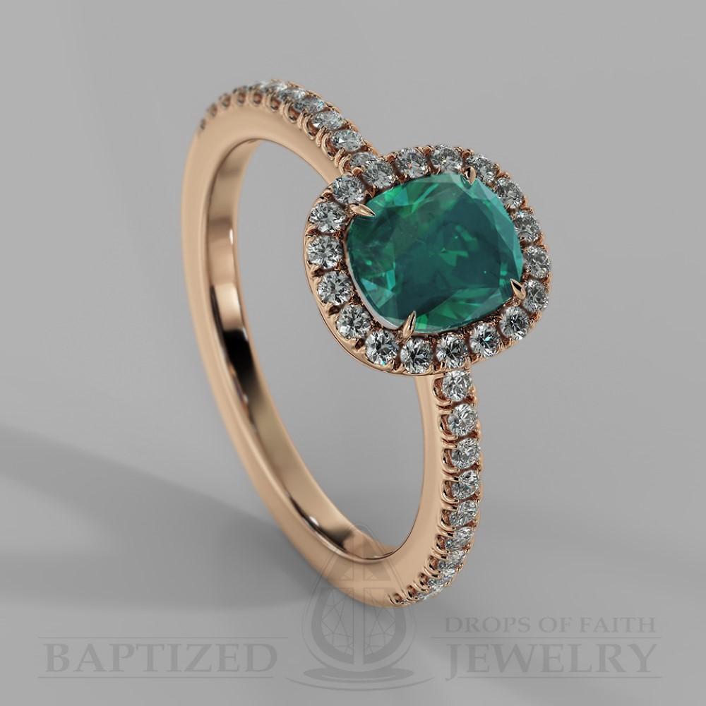 Cushion Cut Emerald & Diamonds Halo Engagement Ring (0.5ct + 0.25ctw) - 14K Rose Gold