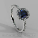 Cushion Cut Blue Sapphire & Diamonds Halo Engagement Ring (0.5ct + 0.25ctw) - 14K White Gold