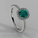Cushion Cut Emerald & Diamonds Halo Engagement Ring  (1 + 0.35 Ctw) - 14K White Gold