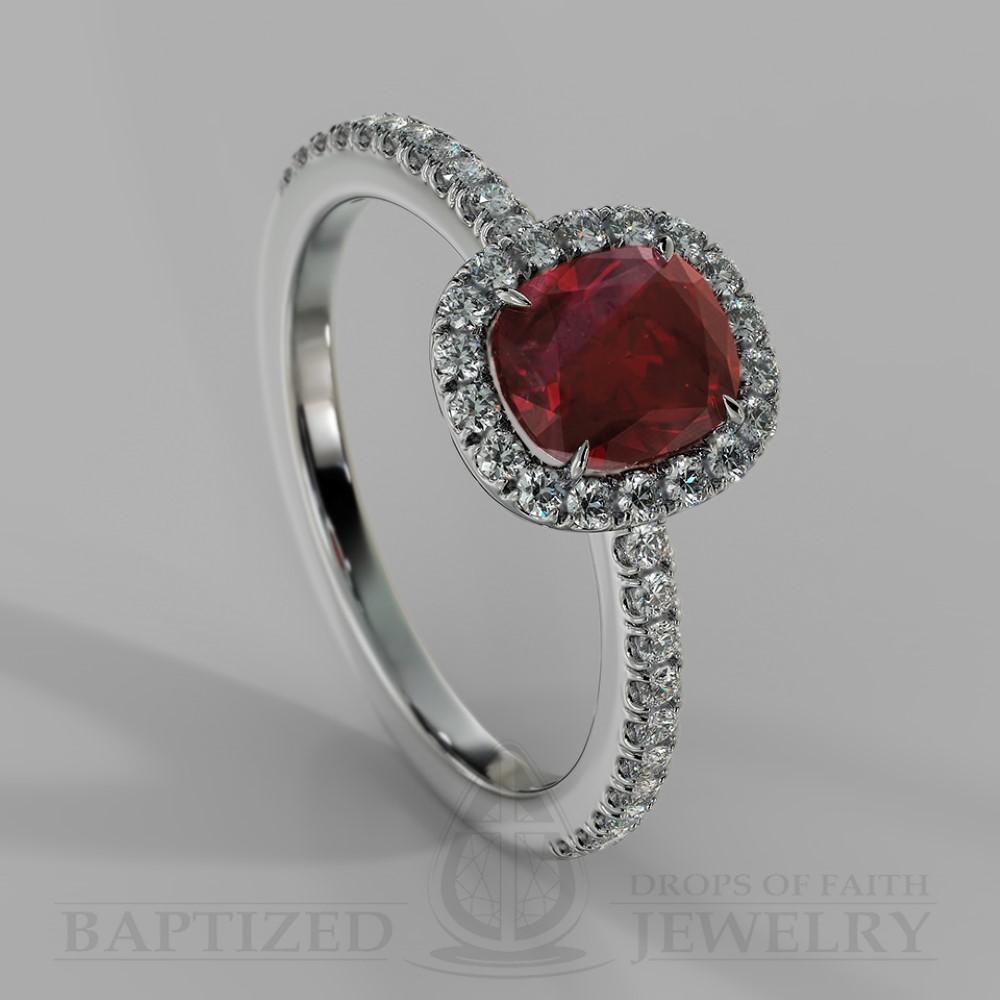 Cushion Cut Ruby & Diamonds Halo Engagement Ring  (0.5ct + 0.25ctw) - 14K White Gold