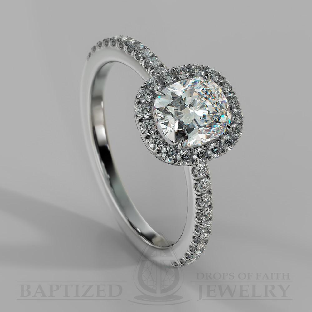 Cushion Cut Natural Diamond Halo Engagement Ring (1 + 0.35 Ctw) - 14K White Gold