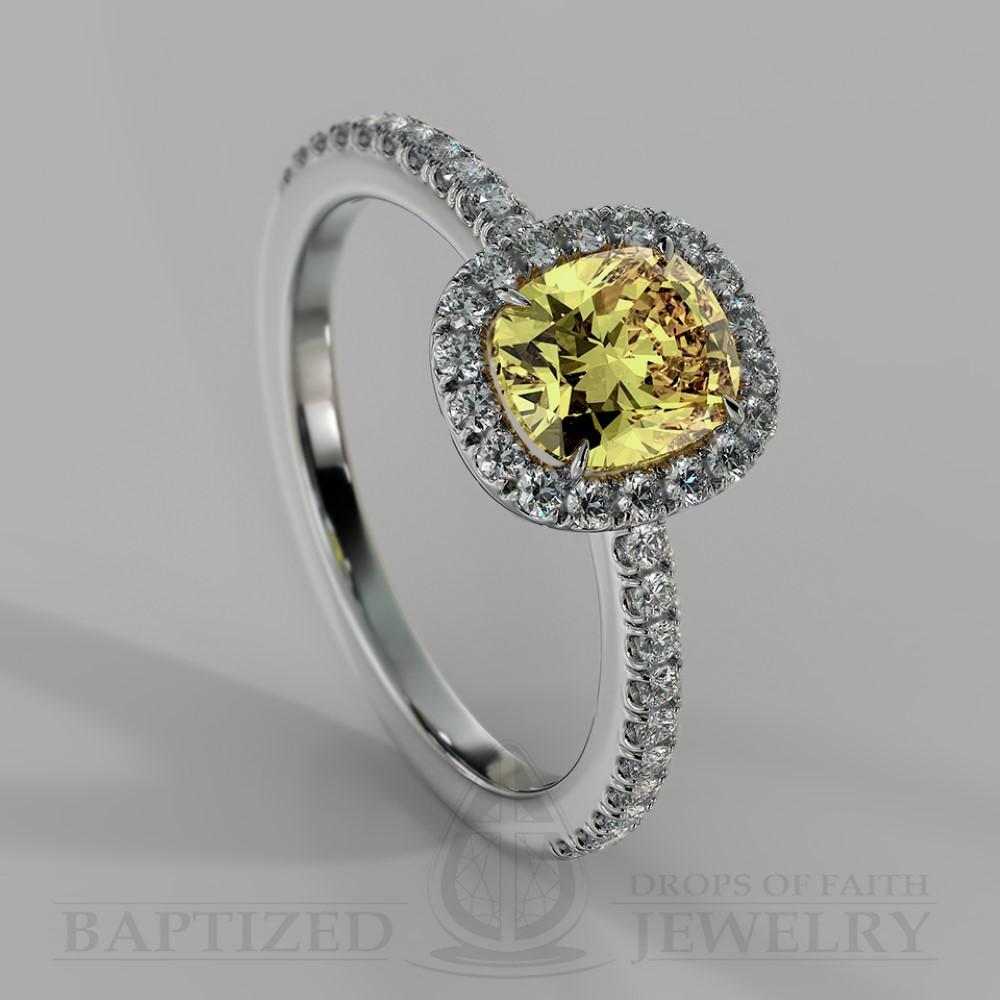 Cushion Cut Fancy Light Yellow Diamond Halo Engagement Ring (0.5ct + 0.25ctw) - 14K White Gold