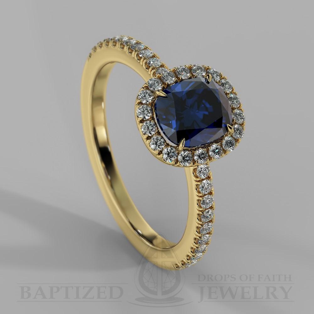 Cushion Cut Blue Sapphire & Diamonds Halo Engagement Ring (0.5ct + 0.25ctw) - 14K Yellow Gold
