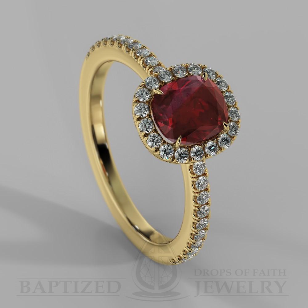 Cushion Cut Ruby & Diamonds Halo Engagement Ring   (1 + 0.35 Ctw) - 14K Yellow Gold