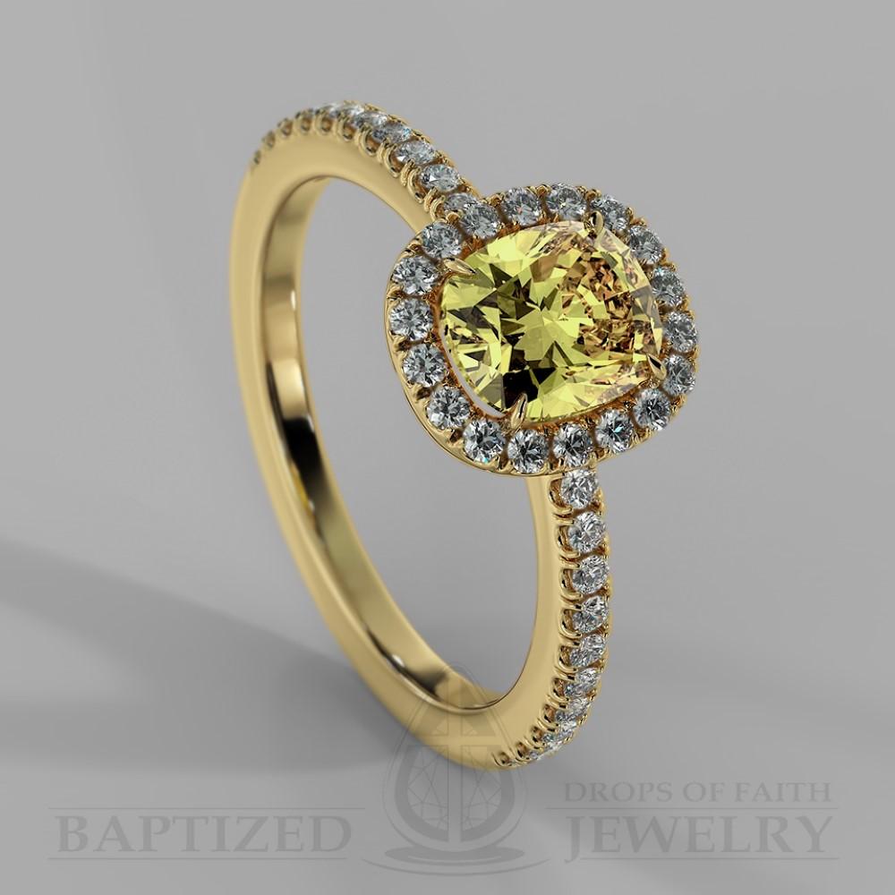 Cushion Cut Fancy Light Yellow Diamond Halo Engagement Ring (0.5ct + 0.25ctw) - 14K Yellow Gold