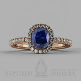 Cushion Cut Blue Sapphire & Diamonds Halo Engagement Ring  (1 + 0.35 Ctw) - 14K Rose Gold