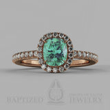 Cushion Cut Emerald & Diamonds Halo Engagement Ring  (1 + 0.35 Ctw) - 14K Rose Gold