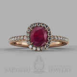 Cushion Cut Ruby & Diamonds Halo Engagement Ring   (1 + 0.35 Ctw) - 14K Rose Gold