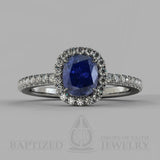 Cushion Cut Blue Sapphire & Diamonds Halo Engagement Ring (0.5ct + 0.25ctw) - 14K White Gold