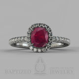 Cushion Cut Ruby & Diamonds Halo Engagement Ring  (0.5ct + 0.25ctw) - 14K White Gold