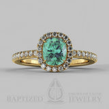 Cushion Cut Emerald & Diamonds Halo Engagement Ring  (1 + 0.35 Ctw) - 14K Yellow Gold