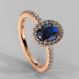 Oval Cut Blue Sapphire & Diamonds Halo Engagement Ring (0.5ct + 0.25ctw) - 14K Rose Gold