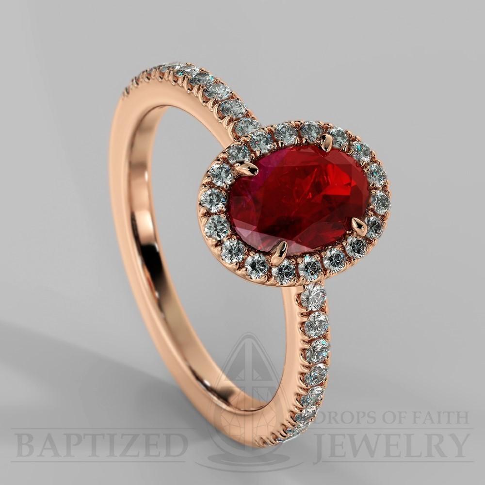 Oval Cut Ruby & Diamonds Halo Engagement Ring  (0.5ct + 0.25ctw) - 14K Rose Gold