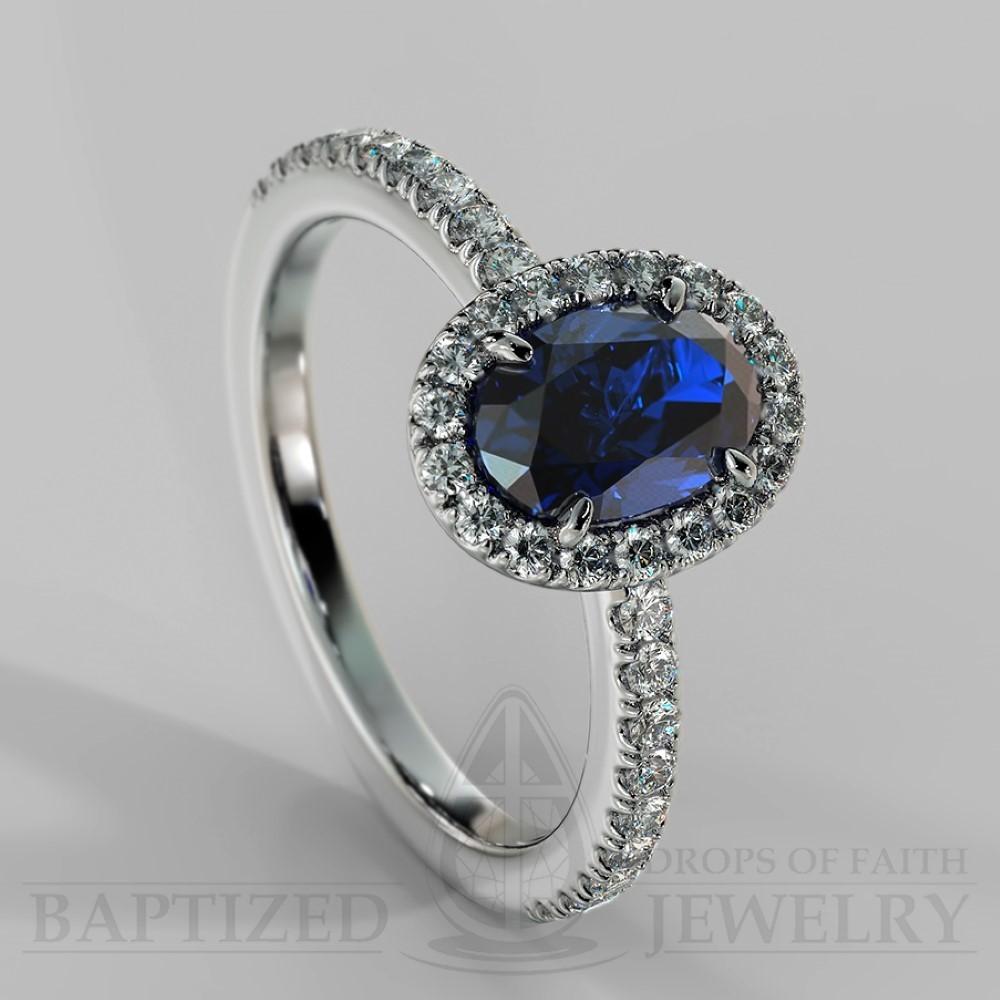 Oval Cut Blue Sapphire & Diamonds Halo Engagement Ring (1 Ct + 0.35ctw) - 14K White Gold