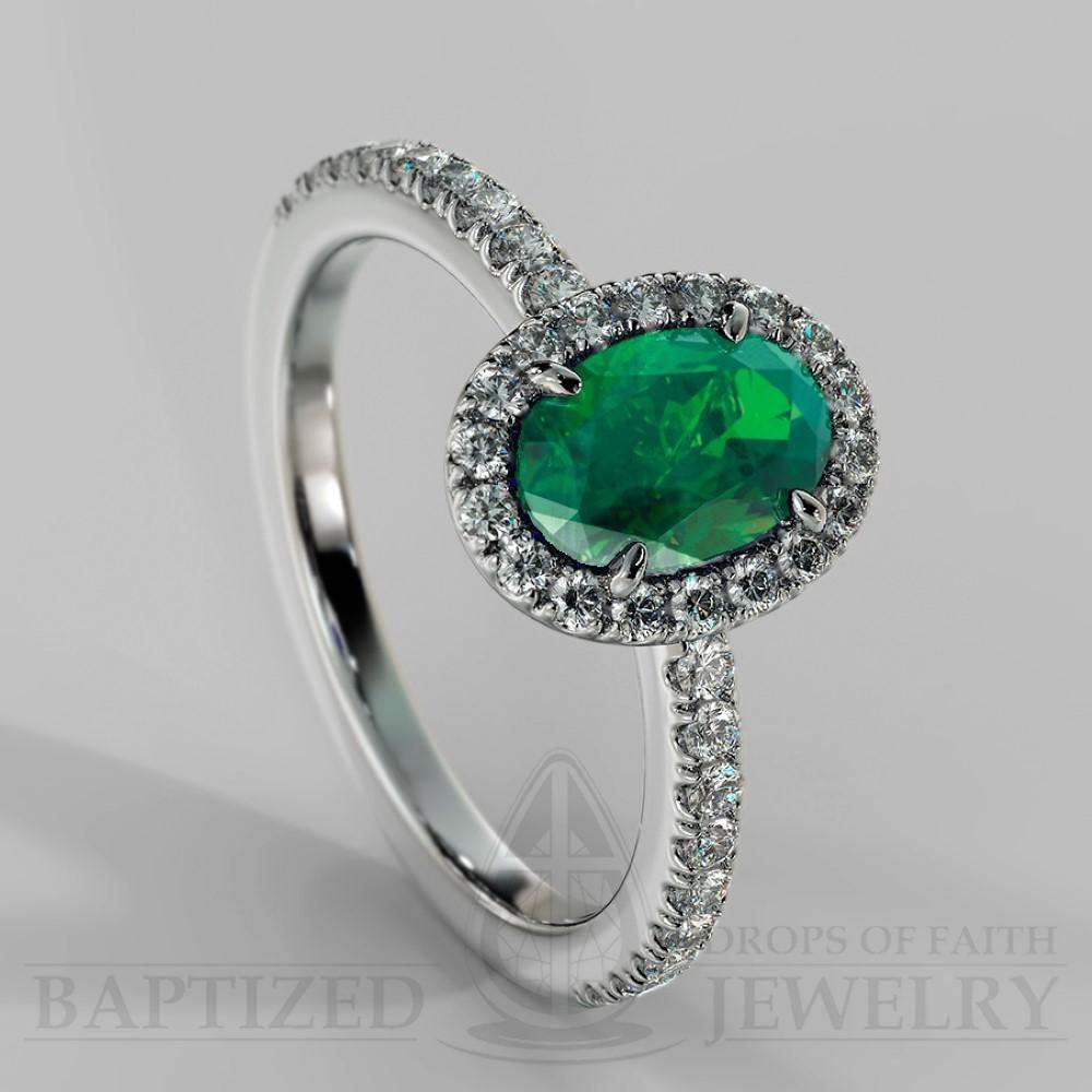 Oval Cut Emerald & Diamonds Halo Engagement Ring (0.5ct + 0.25ctw) - 14K White Gold