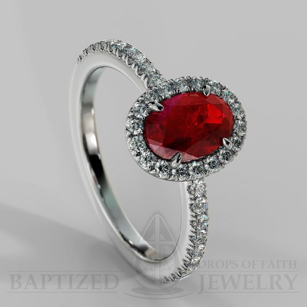 Oval Cut Ruby & Diamonds Halo Engagement Ring  (0.5ct + 0.25ctw) - 14K White Gold